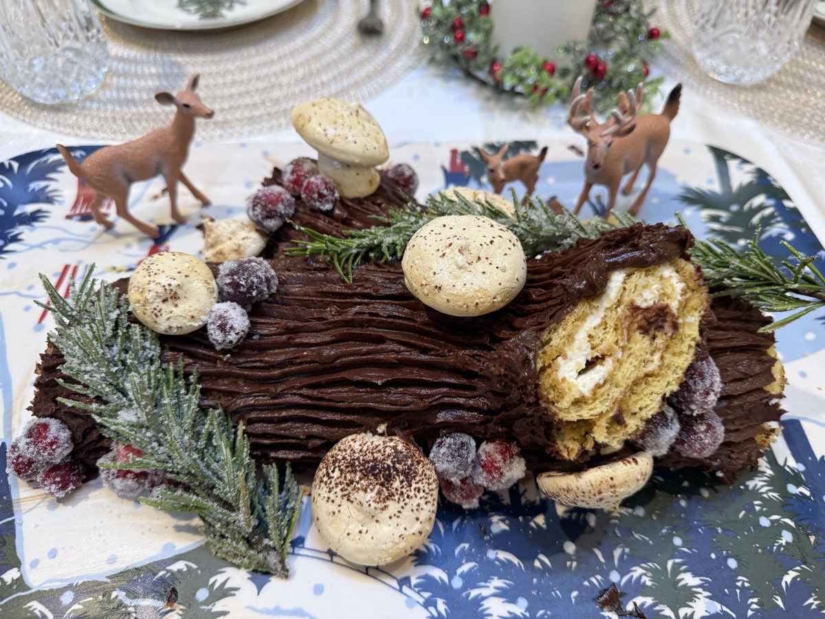 Chocolate yule log with meringue mushrooms and sugared berries